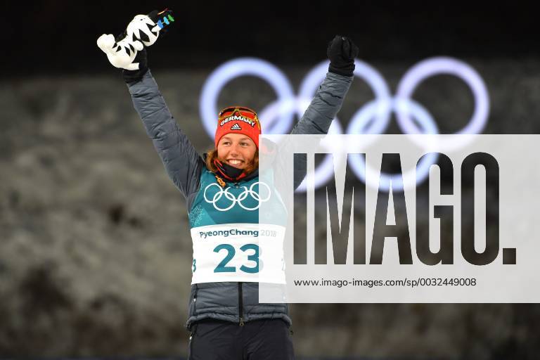 Laura DAHLMEIER GER Jubilee joy excitement joy jump winner winner flower ceremony biathlon Womens s 7 5 kmm Sprint Sprint of women on 10 02 2018 Winter Olympics 2018 from 09 02 25 02 2018 in PyeongChang of South Korea