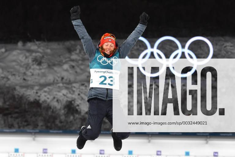 Laura DAHLMEIER GER Jubilee joy excitement joy jump winner winner flower ceremony biathlon Womens s 7 5 kmm Sprint Sprint of women on 10 02 2018 Winter Olympics 2018 from 09 02 25 02 2018 in PyeongChang of South Korea