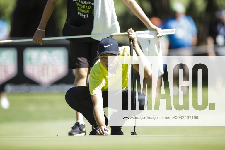 11th February 2018, Lake Karrinyup Country Club, Karrinyup, Australia; ISPS HANDA World Super 6 Perth golf, final round; Min Woo Lee (a) (AUS) lines up the ball to putt ActionPlus11985028