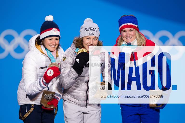 Marte Olsbu of Norway Silver Laura Dahlmeier of Germany Gold and Veronika Vitkova of Czech Republic Bronze at the medal ceremony for the Women s 4 X 5 km relay during day two of the 2018 Winter Olympics on February 11 2018 in Pyeongchang Photo Jon Olav Nesvold BILDBYR n code JE 160153