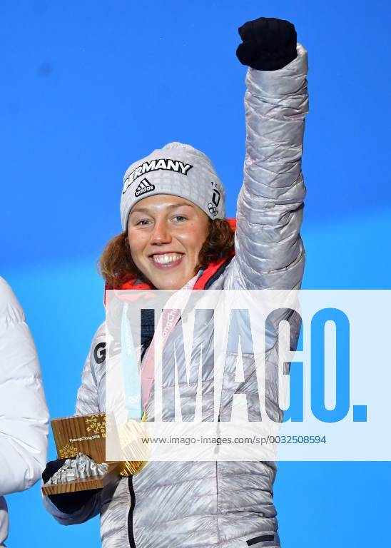 Gold medalist Germany s Laura Dahlmeier celebrates during the medal ceremony for Biathlon Women s 10km Pursuit at the medal s plaza during the Pyeongchang 2018 Winter Olympics in Pyeongchang, South Korea, on February 13, 2018. OLY20180213373 KEVINxDIETSCH