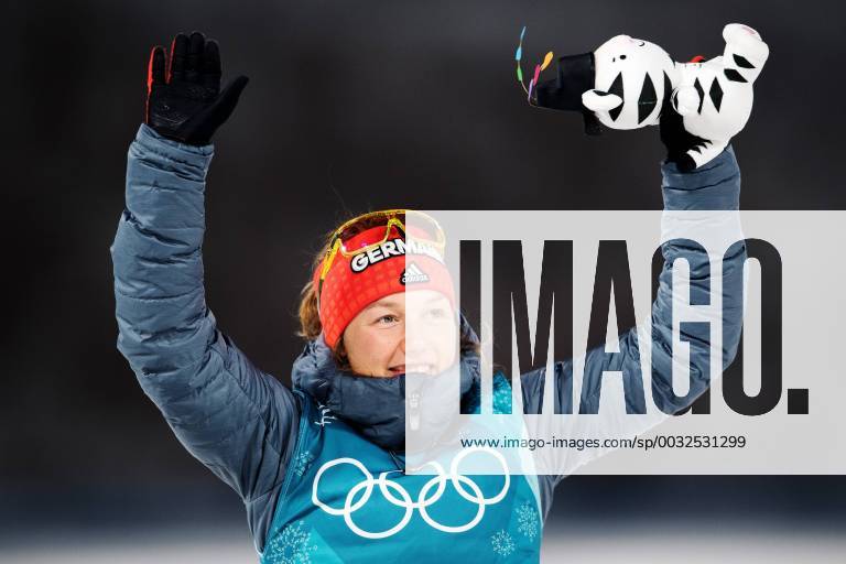 Laura Dahlmeier of Germany bronze celebrate on the podium after the women s 15 km biathlon during day six of the 2018 Winter Olympics on February 15 2018 in Pyeongchang Photo Carl Sandin BILDBYRAN code CS 57999 295