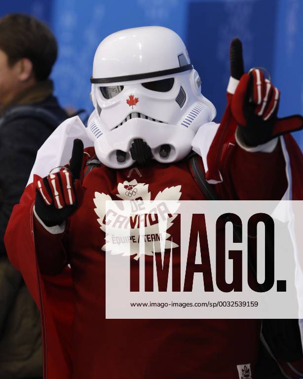 Pyeongchang, KOREA - Star Wars storm trooper dressed as a against Canada fan at game versus Switzerland in Men s Hockey Group A play during the Pyeongchang 2018 Olympic Winter games Winterspiele Spiele Summer games at Kwandong Hockey Centre. Canada beat Switzerland 5-1. Olympics Pyeongchang 2018: Ice hockey Eishockey Men team group Mannschaftsbild Totale A - SUI-CAN - ZUMAm117 20180215_zaf_m117_305