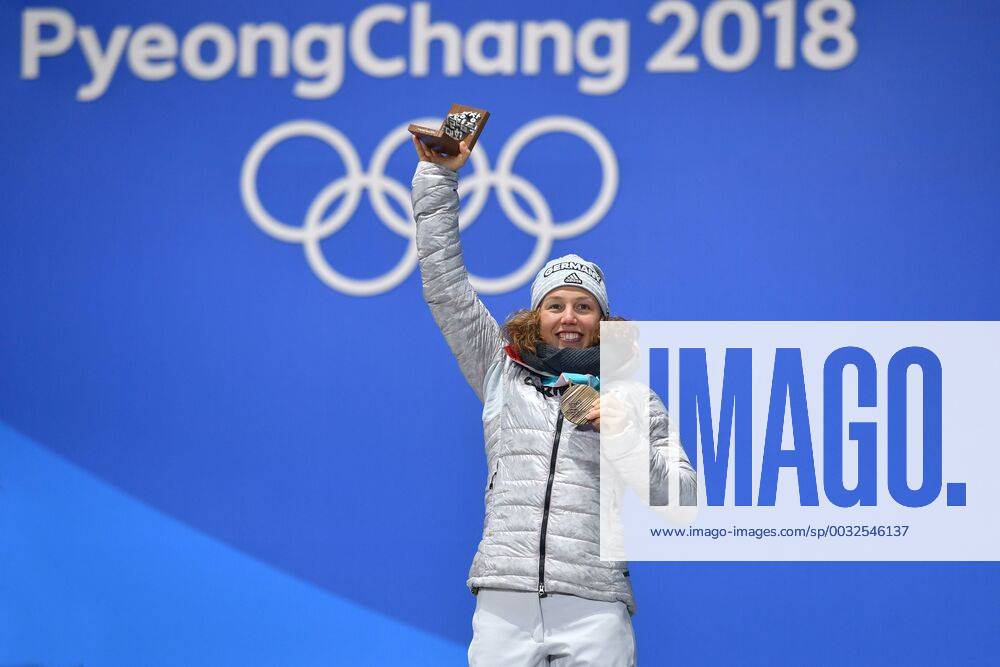 Laura DAHLMEIER GER with bronze medal joy joy enthusiasm biathlon 15 km individual of women victory ceremony PyeongChang Olympic medals Plaza ceremony on 16 02 2018 Winter Olympics 2018 from 09 02 25 02 2018 in PyeongChang of South Korea
