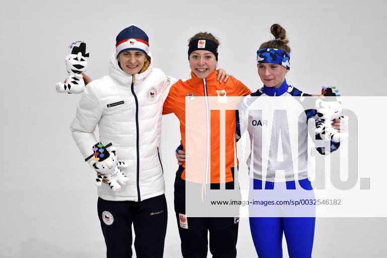 OLYMPISCHE SPELEN: Olympic Games Olympische Spiele Olympia OS PYEONGCHANG 2018 Huldiging 5000 meter. vlnr Martina Sablikova, Esmee Visser en Natalia Voronina Foto: Soenar Chamid Imagesx xSoenarxChamidxsportfotografiexIVx 10079883