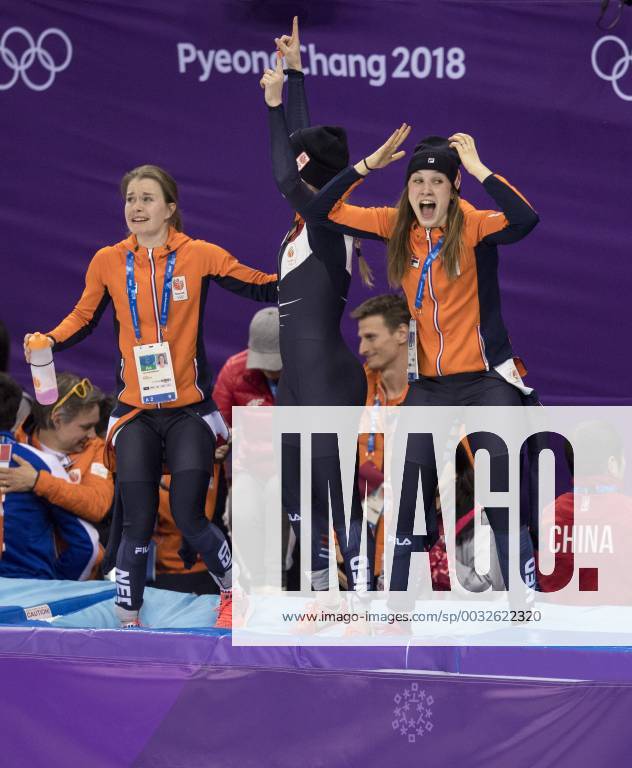 Pyeongchang, South Korea - Suzanne SCHULTING, right and Yara VAN KERKHOF, left, and Jorien TER MORS, center, of Netherlands are ecstatic as they get bumped to a Bronze medal position after other teams were disqualified during the Ladies 3,000m Relay Final A at the Gangneung Ice Arena during the 2018 Pyeongchang Winter Olympic Games Olympische Spiele Olympia OS Korea 2018: Winter Olympics - February 20, 2018 - ZUMAa35_ 20180220_zaf_a35_001