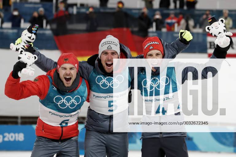 Johannes RYDZEK Olympic champion No. 5 team GER cheers with Eric FRENZEL and RIESSLE Fabian at the victory ceremony Nordic combined 10 km Olympic Winter Games 2018 PyeongChang South Korea Winter Olympics 2018 PyeongChang 20 February 2018