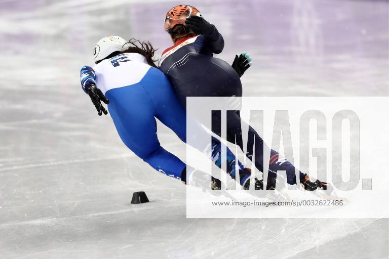 - SPORT GANGNEUNG, SOUTH KOREA - FEBRUARY 20, 2018: Olympic Athlete from Russia Sofia Prosvirnova (L) and Yara Van Kerkhof of the Netherlands compete in a ladies†1000m short track Speed skating Eisschnelllauf race during the 2018 Winter Olympic Games Olympische Spiele Olympia OS at the Gangneung Ice Arena. Valery Sharifulin TASS TS074E9A