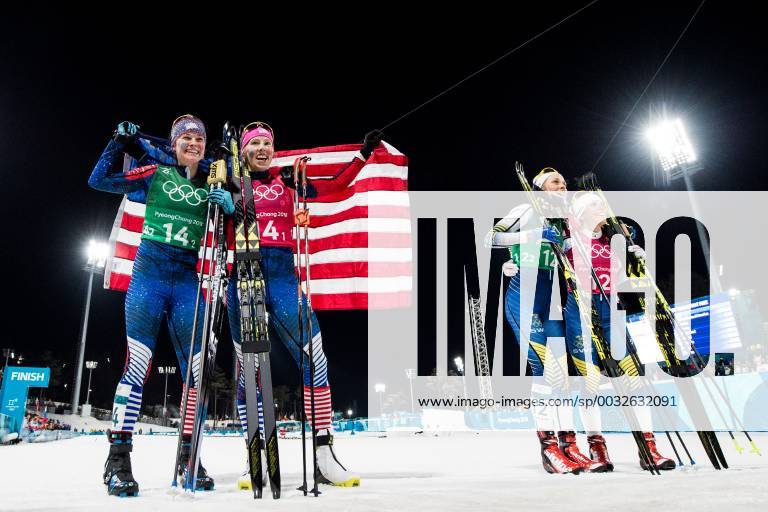 Olajide Randall and Jessica Team of United States Gold celebrates beside Charlotte Kalla and Stina Nilsson of Sweden the Silver after the Women s Cross Country Skiing Team Free Sprint final during day twelve of the 2018 Winter Olympics on February 21 2018 in Pyeongchang Photo Petter Arvidson BILDBYR N code PA 91991