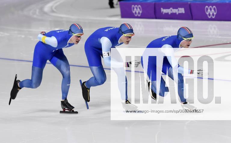 SCHAATSEN:TEAM PURSUIT: OLYMPISCHE SPELEN: Olympic Games Olympische Spiele Olympia OS PYEONGCHANG 2018 Havard BOKKO, Sindre HENRIKSEN en Simen Spieler NILSEN en Sverre Lunde PEDERSEN winnen de team puirsuit Foto: Soenar Chamid Imagesx xSoenarxChamidxsportfotografiexIVx 10142843