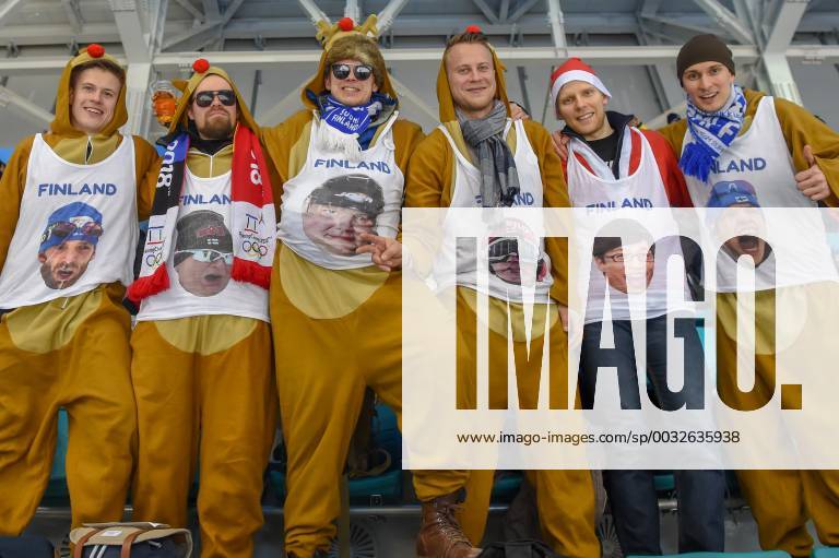 Wild Finland fans came dressed for the cold weather during the men s hockey semi final game between Canada and Finland during the 2018 Winter Olympic Games Olympische Spiele Olympia OS at the Gangneung Hockey Center on February 21, 2018 in PyeongChang, South Korea. Canada advances to the gold medal game with 1-0 victory. (Photo by Ken Murray Icon Sportswire) OLYMPICS: FEB 21 PyeongChang - Day 14 Icon18022114006