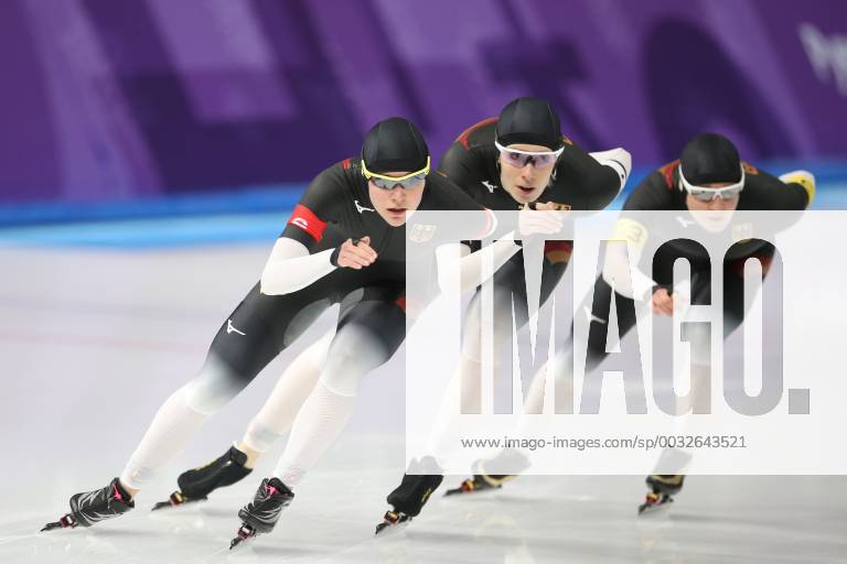 Roxanne Dufter Gabriele Hirschbichler and Claudia Pechstein during ladies speed skating team pursuit at 2018 Olympic Games in Pyeongchang 21 02 2018