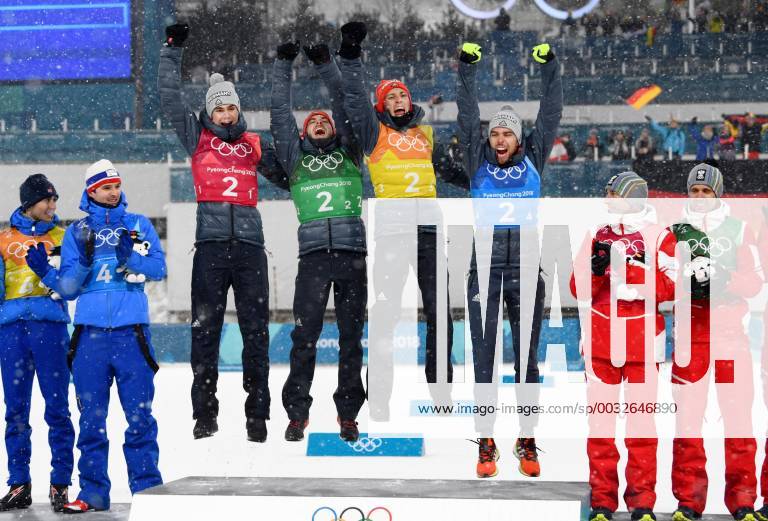 Pyeongchang Olympics German Nordic combined skiers celebrate on the podium after winning the team event at the Pyeongchang Winter Olympics in South Korea on Feb. 22, 2018.