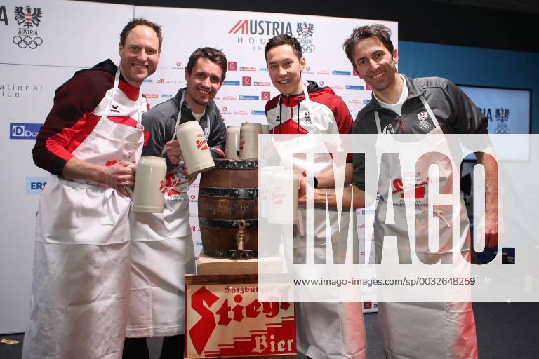 OLYMPICS - 2018 Winter Olympics PYEONGCHANG,SOUTH KOREA,22.FEB.18 - OLYMPICS - Olympic Winter games Winterspiele Spiele Summer games PyeongChang 2018, Austria House, Gala-Abend der Oberoesterreicher. Image shows Bernhard Gruber, Lukas Klapfer, Mario Seidl and Wilhelm Denifl (AUT). GEPAxpictures xChristianxWalgram