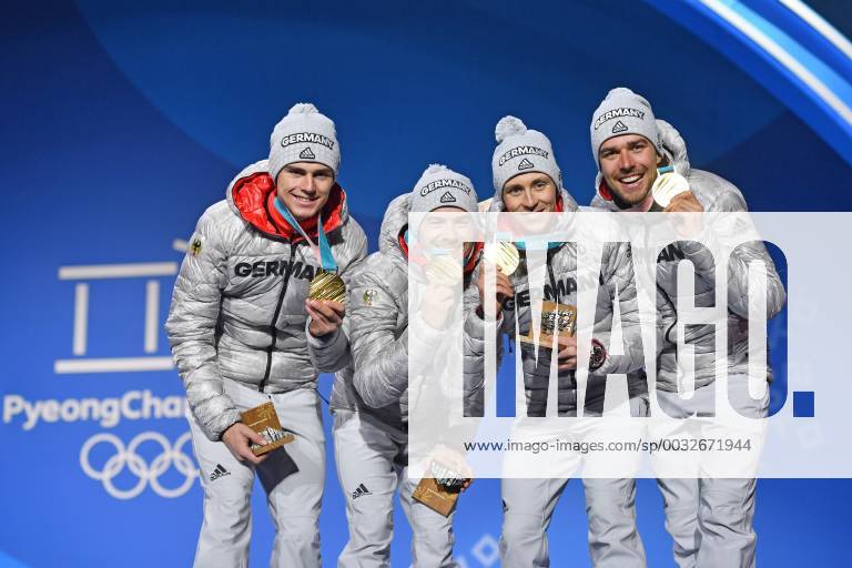 Vinzenz GEIGER Fabian RIESSLE Eric FRENZEL Johannes RYDZEK All GER with Gold Medals Medals Olympic Champion Olympic Champion Nordic Combined Team Gundersen LH 4x5km Nordic Combined Team Relay Victory Ceremony PyeongChang Olympic Medals Plaza on 23 02 2018 2018 2018 Olympic Winter Games 09 02 25 02 2018 in PyeongChang South Korea
