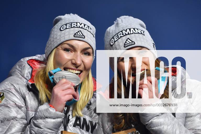 Selina JOERG GER 2nd place and Ramona HOFMEISTER GER 3 place with medals Silver Medal Bronze Medal Snowboard Parallel Giant Slalom Snowboard Ladies Parallel Giant Slalom Parallel Giant Slalom Womens Victory Ceremony Presentation Ceremony PyeongChang Olympic Medals Plaza on 24 02 2018 Winter Olympics 2018 from 09 02 25 02 2018 in PyeongChang South Korea