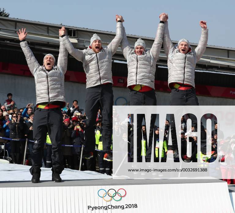 (180225) -- PYEONGCHANG, Feb. 25, 2018 -- Team Germany that won the gold medal celebrate after the 4-man event of bobsleigh at the 2018 PyeongChang Winter Olympic Games Olympische Spiele Olympia OS at Olympic Sliding Centre, PyeongChang, South Korea, Feb. 25, 2018. The team won the gold medal in a time of 3:15.85. ) (SP)OLY-SOUTH KOREA-PYEONGCHANG-BOBSLEIGH-4-MAN BaixXuefei