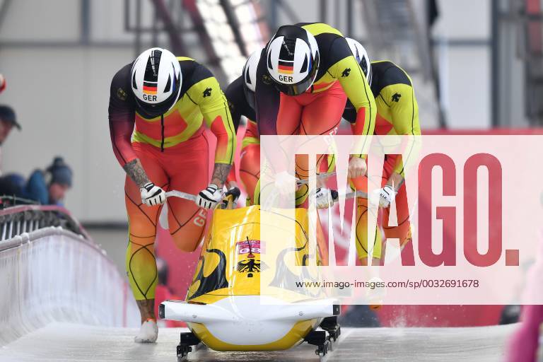 Bob Germany with WALTHER Nico KUSKE Kevin ROEDIGER Alexander FRANKE Eric Action Start pushing Bobsleigh Four Man Four-man Olympic Sliding Center on 25 02 2018 2018 Winter Olympics from 09 02 25 02 2018 in PyeongChang South Korea