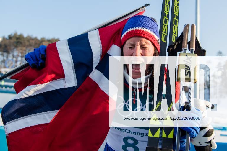 Marit Bjorgen of Norway Gold celebrating after the Womens Cross Country 30km Mass Start Classic during day sixteen of the 2018 Winter Olympics on February 21, 2018 in Pyeongchang Photo Jon Olav Nesvold BILDBYRAN Code JE 160201
