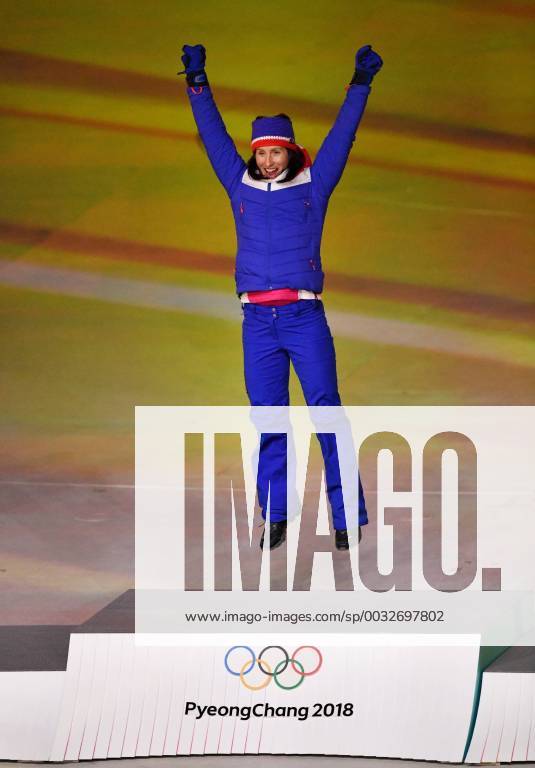 Gold medalist Marit Bjorgen of Norway reacts at the medal ceremony for the Cross-Country Skiing Ladies 30km Mass Start Classic at the closing ceremony for the Pyeongchange 2018 Winter Olympics at the Olympic Stadium in Daegwalnyeong, South Korea, on February 25, 2018. KOL20180225856 RICHARDxELLIS