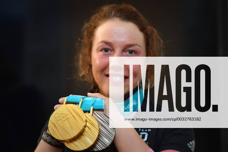 Double olympia winner Laura DAHLMEIER GER with her medals she won at the Olympic Winter Games 2018 in PyeongChang South Korea DSV press event with Laura DAHLMEIER on 02 03 2018 Biathlon