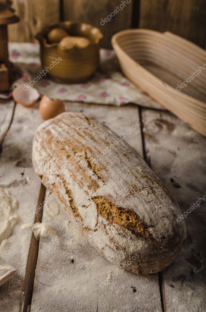 Homemade rustic bread, baked in oven, wheat leaven, breaded in a basket