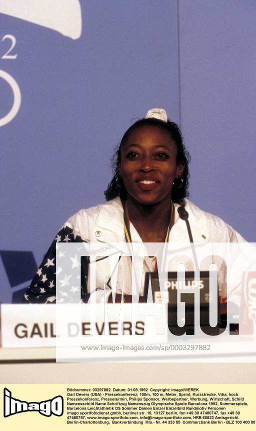 Gail Devers (USA) - Pressekonferenz Leichtathletik OS Sommer Damen Olympische Spiele Barcelona 1992, Sommerspiele, Einzelbild Barcelona Leichtathletik OS Sommer Damen Olympische Spiele Barcelona 1992, Sommerspiele, Einzelbild Barcelona