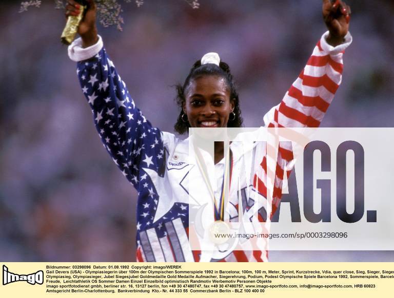 Gail Devers (USA) - Olympiasiegerin über 100m der Olympischen Sommerspiele 1992 in Barcelona Leichtathletik OS Sommer Damen Olympische Spiele Barcelona 1992, Sommerspiele, Einzelbild Barcelona Freude, Leichtathletik OS Sommer Damen Olympische Spiele Barcelona 1992, Sommerspiele, Einzelbild Barcelona Freude,
