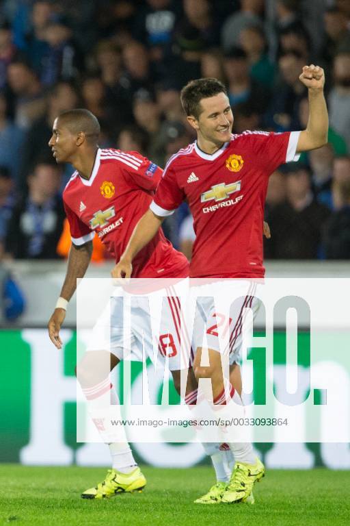 - BRUGGE, BELGIUM: Manchester s Ander Herrera (R) celebrates with his teammate Ashley Young after scoring during a soccer game between Belgian first league team Club Brugge KV and British club Manchester United ManU FC in Brugge, Wednesday 26 August 2015, the return game of the play-offs of the UEFA Champions League competition. Manchester United won the first leg 3-1. KURTxDESPLENTER x84639072x