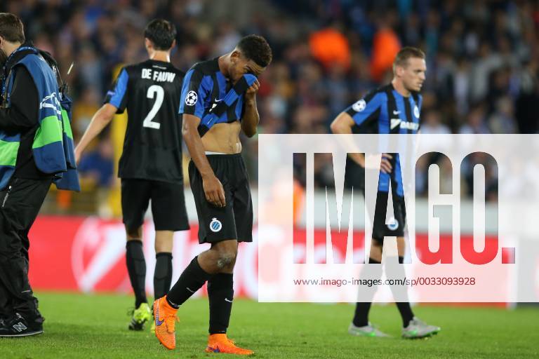 - BRUGGE, BELGIUM: Club s Jean-Charles Castelletto (C) and his teammates look dejected after a soccer game between Belgian first league team Club Brugge KV and British club Manchester United ManU FC in Brugge, Wednesday 26 August 2015, the return game of the play-offs of the UEFA Champions League competition. Manchester United won the first leg 3-1. BRUNOxFAHY x84639600x