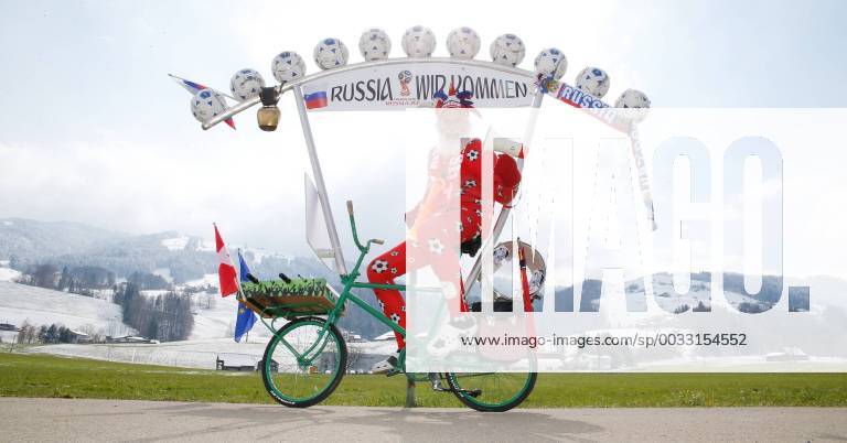 Galgenen SZ SWITZERLAND Tourteufel Didi Senft visits Switzerland with his new bicycle construction for the 2018 World Cup in Russia