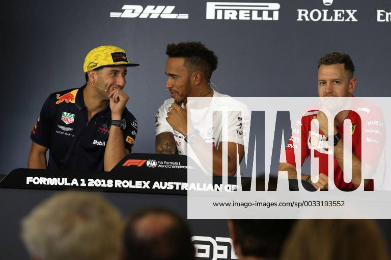 22nd March 2018, Melbourne Grand Prix Circuit, Melbourne, Australia; Melbourne Formula One Grand Prix, Arrivals and press conference PK Pressekonferenz Red Bull Racing TAG Heuer, Daniel Ricciardo, Mercedes AMG Petronas Motorsport AMG F1 Team, Lewis Hamilton and Scuderia Ferrari, Sebastian Vettel ActionPlus12003752
