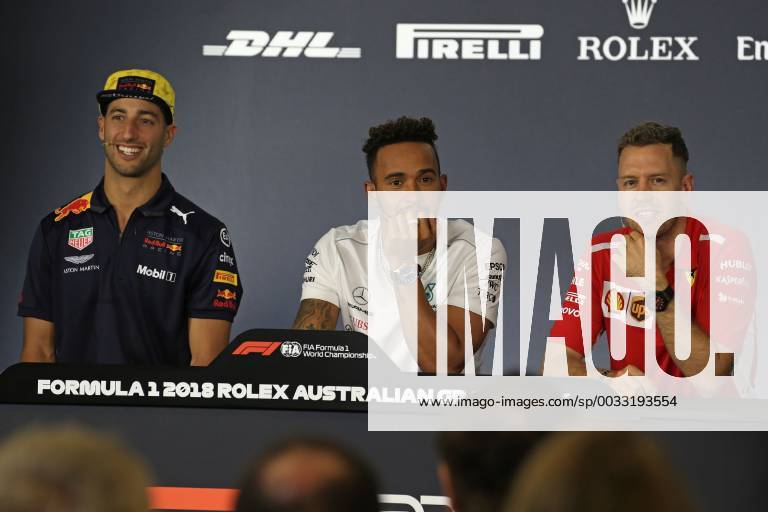 - SPORT 22nd March 2018, Melbourne Grand Prix Circuit, Melbourne, Australia; Melbourne Formula One Grand Prix, Arrivals and press conference PK Pressekonferenz Red Bull Racing TAG Heuer, Daniel Ricciardo, Mercedes AMG Petronas Motorsport AMG F1 Team, Lewis Hamilton and Scuderia Ferrari, Sebastian Vettel ActionPlus12003753