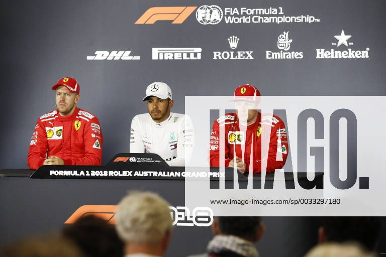 Press conference PK Pressekonferenz VETTEL Sebastian (ger), Scuderia Ferrari SF71H, HAMILTON Lewis (gbr), Mercedes AMG F1 Petronas GP W09 Hybrid EQ Power+, RAIKKONEN Kimi (fin), Scuderia Ferrari SF71H, portrait during 2018 Formula 1 championship at Melbourne, Australian Grand Prix, from March 22 To 25 - s: FIA Formula One World Championship WM Weltmeisterschaft 2018, Melbourne, Victoria : Motorsports: Formula 1 2018 Rolex Australian Grand Prix, Melbourne Australia