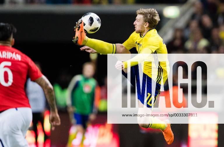 Swedens Emil Forsberg takes down the ball during the football tournament in football between Sweden and Chile on March 24, 2018 in Stockholm