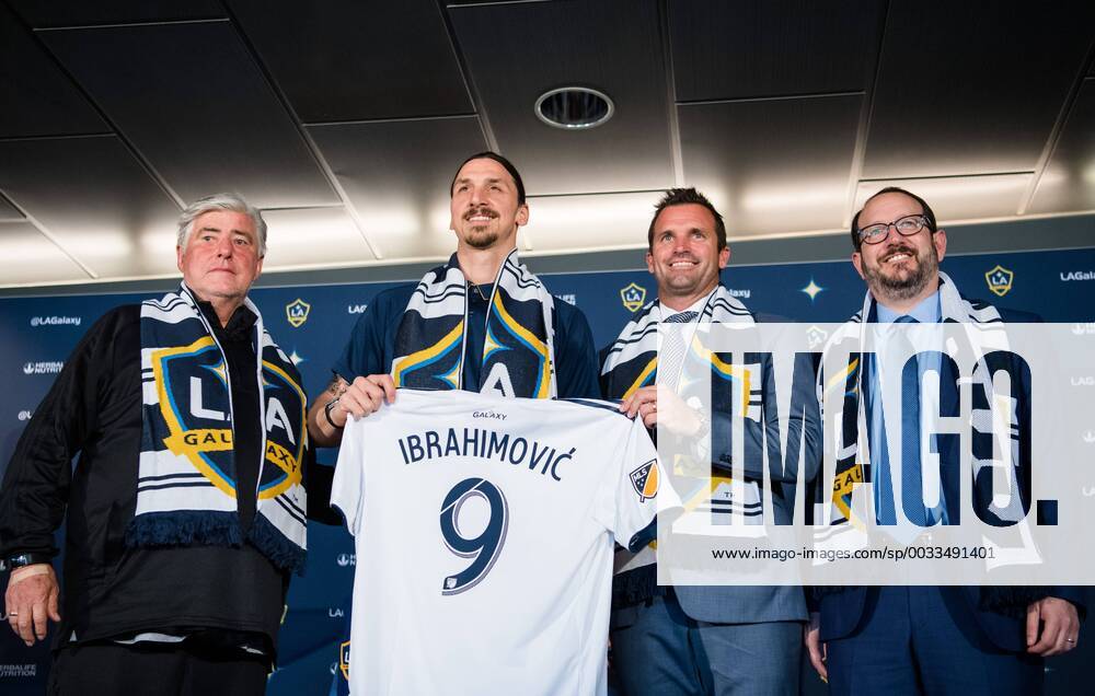 Sigi Schmid Coach Chris Klein Chairman and Dan Beckerman CEO when Zlatan Ibrahimovic presented at a press conference with MLS team LA Galaxy on March 30, 2018 in Los Angeles