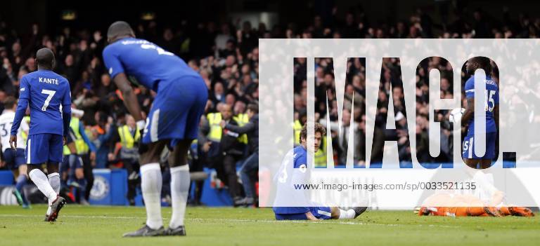 Chelsea v Tottenham Hotspur Premier League Marcos Alonso (c) of Chelsea looks across at Antonio Rudiger after conceding a third goal during the Premier League match at Stamford Bridge, London Content Not Available For UK Newspapers