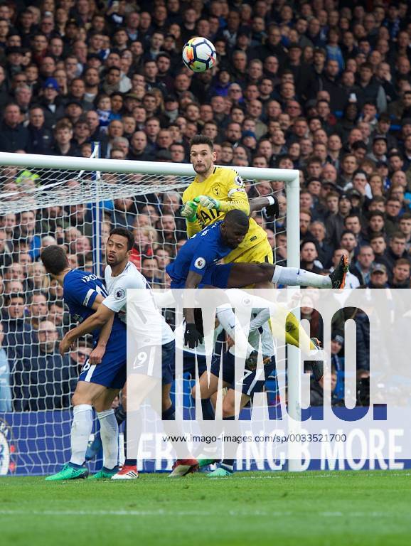 Chelsea v Tottenham Hotspur Premier League Hugo Lloris goalkeeper of Tottenham Hotspur punches the ball clear of Antonio Rudiger of Chelsea during the Premier League match at Stamford Bridge, London Content Not Available For UK Newspapers