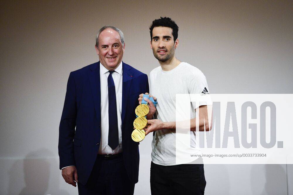 Martin Fourcade et ses 3 medailles d Or Olympiques Roland Berthilier - President MGEN NEWS : Conference de presse MGEN Academie - Paris - 06 04 2018 JBAutissier Panoramic