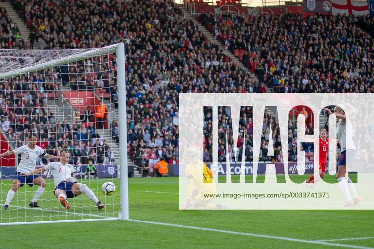 A near miss for Wales as Lucia Bronze (2) of England clears off the line during the 2019 World Cup Qualification match between England Women and Wales Women at the St Mary s Stadium, Southampton, England on 6 April 2018.
