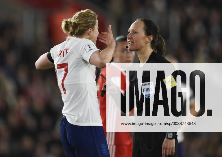 England Women v Wales Women 2019 FIFA Womens World Cup Qualifier Ellen White of England Women (L) reacts to referee Pernille Larsson (R) during the 2019 FIFA Womens World Cup Qualifying match at the St Mary s Stadium, Southampton Content Not Available For UK Newspapers