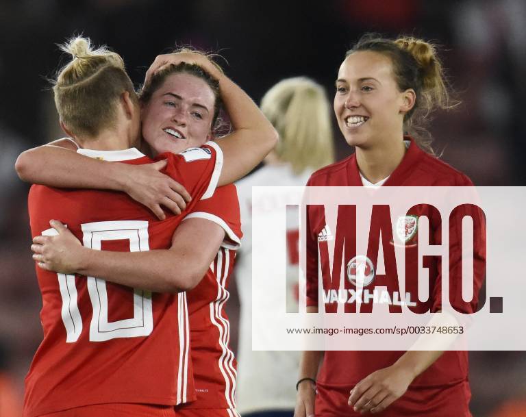 England Women v Wales Women 2019 FIFA Womens World Cup Qualifier Jessica Fishlock of Wales Women (L), Rachel Rowe of Wales Women (C) and Melissa Fletcher of Wales Women (R) celebrate at full-time of the 2019 FIFA Womens World Cup Qualifying match at the St Mary s Stadium, Southampton Content Not Available For UK Newspapers