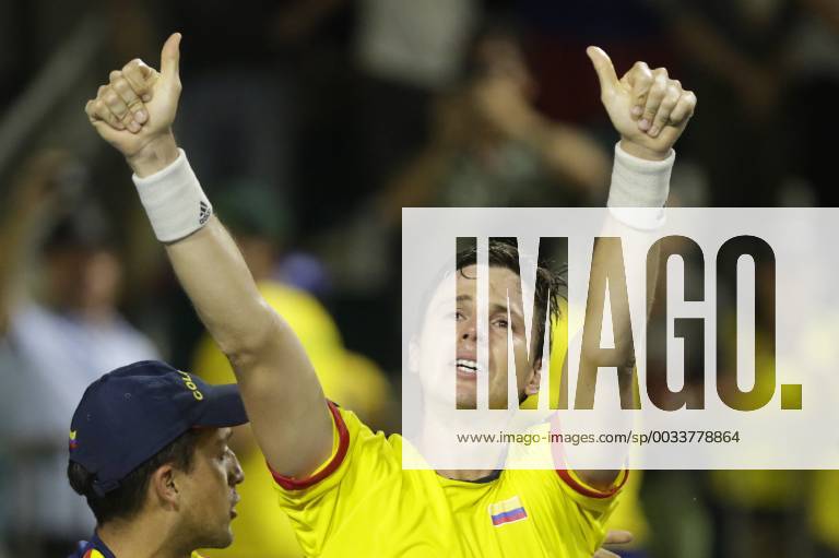 Colombian tennis player Alejandro Gonzalez celebrates his victory after winning against Joao Pedro Sorgi of Brazil during the Davis Cup World Group singles match between Colombia and Brazil in Barranquilla, Colombia, 07 April 2018. Colombia vs Brazil !ACHTUNG: NUR REDAKTIONELLE NUTZUNG!