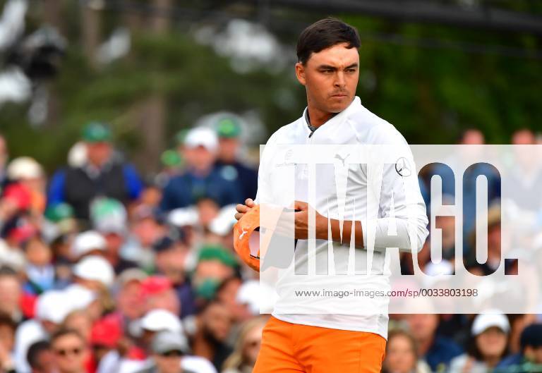Rickey Fowler reacts after finishing his final round of the 2018 Masters Tournament at the Augusta National Golf Club in Augusta, Georgia, on April 8, 2018. Fowler finished second with 14-under-par AUG20180408335 KEVINxDIETSCH