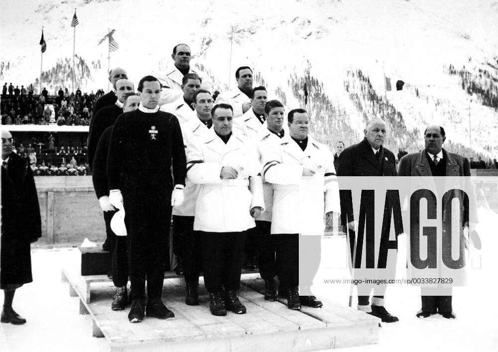 - SANKT MORITZ, SWITZERLAND: (FILE) This file picture dated February 1948 shows the podium of the bobsleigh event at the Winter Olympic Games Olympische Spiele Olympia OS in Sankt Moritz, Switzerland. At L, Belgian team, winner of the silver medal, with J. Mouve, G.Niels, F.Mansveld and M. Houben. A C, gold medal, and at R USA, bronze medal. ARCHIVES BELGAxARCHIVES x32092206x