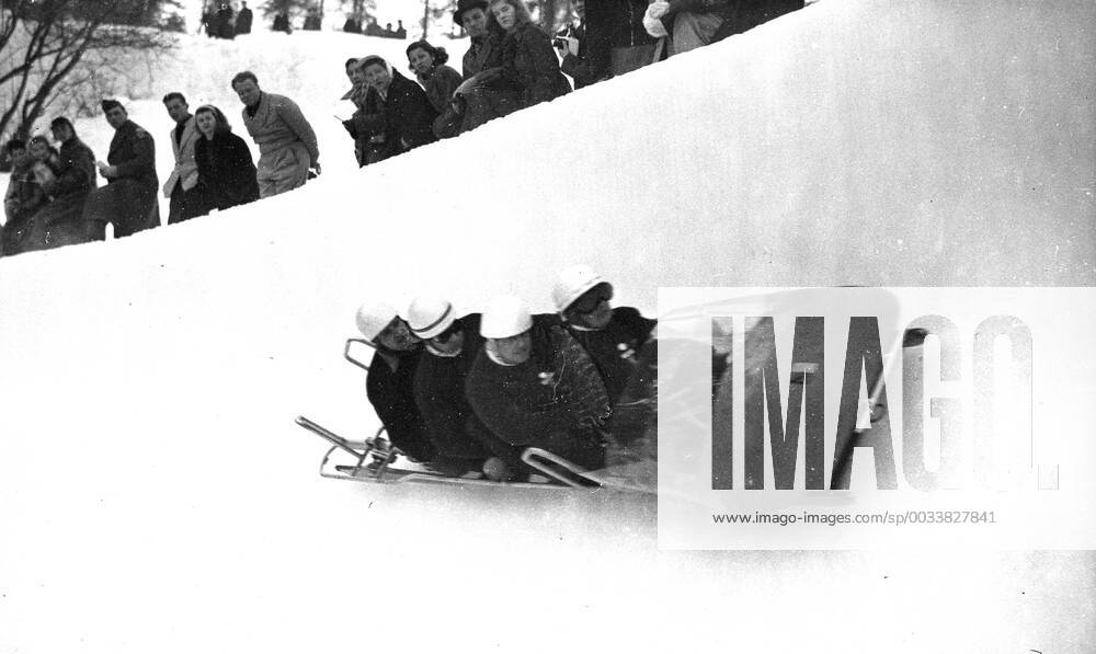- SANKT MORITZ, SWITZERLAND: (FILE) This file picture dated 08 February 1948 shows the Belgian team in four men bobsleigh competition, M. Houber, F. Mansveld, G. Niels and J.Mouvet take the famous sunny corner at the Winter Olympic Games Olympische Spiele Olympia OS in Sankt Moritz, Switzerland. ARCHIVES BELGAxARCHIVES x32092254x