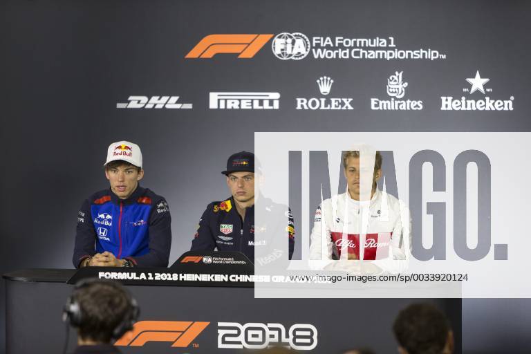 (From left) French F1 driver Pierre Gasly of Scuderia Toro Rosso, Dutch F1 driver Max Verstappen of Red Bull Racing and Swedish F1 driver Marcus Ericsson of Sauber-Ferrari attend a press conference PK Pressekonferenz before the 2018 Formula 1 Chinese Grand Prix at the Shanghai International Circuit in Shanghai, China, 12 April 2018. F1 drivers meet press to preheat 2018 Formula 1 Chinese Grand Prix in Shanghai 20180412_61254