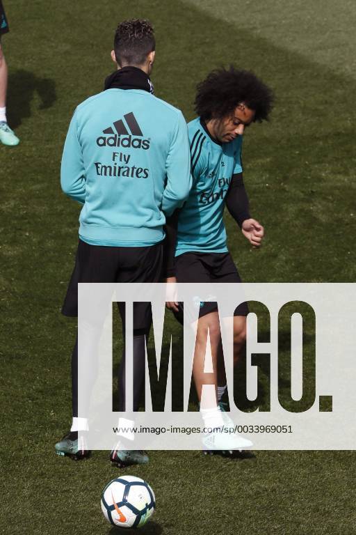 Real Madrid s Portuguese forward Cristiano Ronaldo (L) and Brazilian defender Marcelo take part in a training session held at the team s Valdebebas sports city in Madrid, Spain, 14 April 2018. Real Madrid will face Malaga CF in their Spanish Primera Division Liga soccer match at La Rosaleda stadium on 15 April. Real Madrid training session !ACHTUNG: NUR REDAKTIONELLE NUTZUNG!