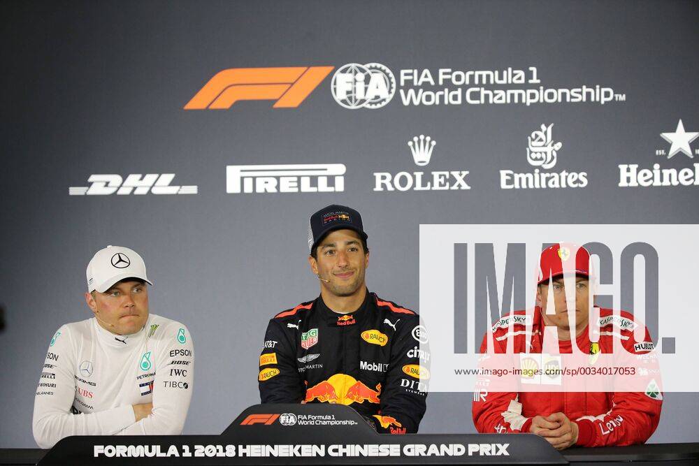 (From left) First runner-up Finnish F1 driver Valtteri Bottas of Mercedes, winner Australian F1 driver Daniel Ricciardo of Red Bull Racing and second runner-up Finnish F1 driver Kimi Raikkonen of Ferrari attend the press conference PK Pressekonferenz after the 2018 Formula One Chinese Grand Prix at the Shanghai International Circuit in Shanghai, China, 15 April 2018. Red Bull driver Daniel Ricciardo yanked off his right shoe, poured champagne into it as he stood on the podium, and then drank up to his unlikely victory in Sunday s Chinese Grand Prix. The Australian started from the third row, but took advantage when the safety car came out on the 31st lap to allow him to get fresh, soft tires when the other leaders were running on worn rubber and couldn t get in quickly to change. Red Bull s Daniel Ricciardo wins Chinese Grand Prix; 6th career win 20180415_28755