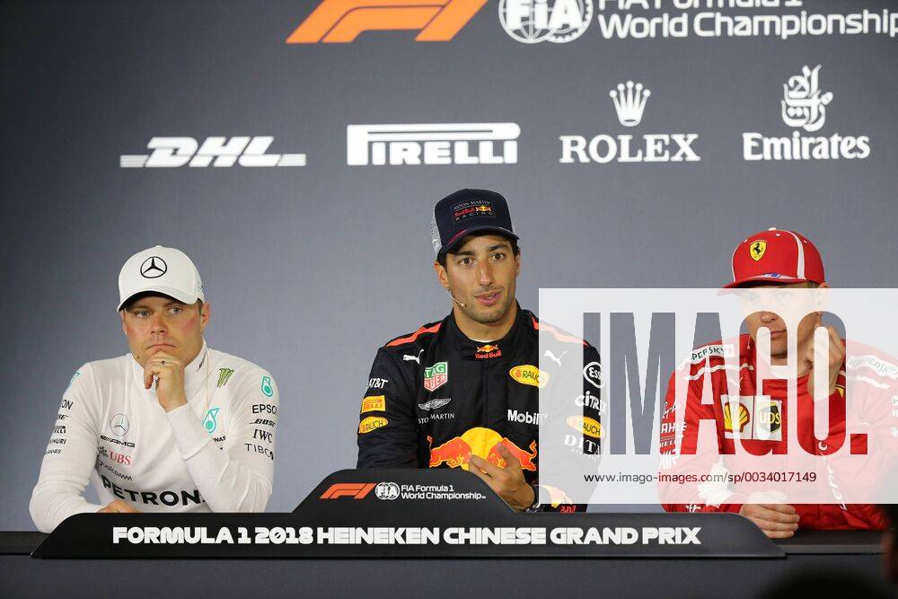 (From left) First runner-up Finnish F1 driver Valtteri Bottas of Mercedes, winner Australian F1 driver Daniel Ricciardo of Red Bull Racing and second runner-up Finnish F1 driver Kimi Raikkonen of Ferrari attend the press conference PK Pressekonferenz after the 2018 Formula One Chinese Grand Prix at the Shanghai International Circuit in Shanghai, China, 15 April 2018. Red Bull driver Daniel Ricciardo yanked off his right shoe, poured champagne into it as he stood on the podium, and then drank up to his unlikely victory in Sunday s Chinese Grand Prix. The Australian started from the third row, but took advantage when the safety car came out on the 31st lap to allow him to get fresh, soft tires when the other leaders were running on worn rubber and couldn t get in quickly to change. Red Bull s Daniel Ricciardo wins Chinese Grand Prix; 6th career win 20180415_08673